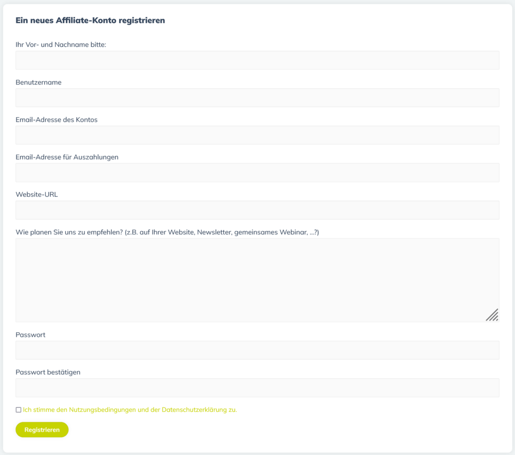 Affiliate Registrierungsformular
